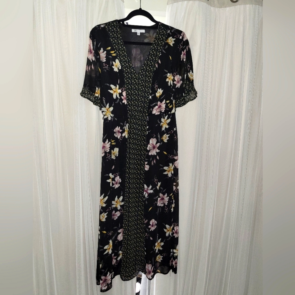 DR2 Black Womens Dress Midi Floral Chiffon Overlay Hibiscus Ruffle Size Small